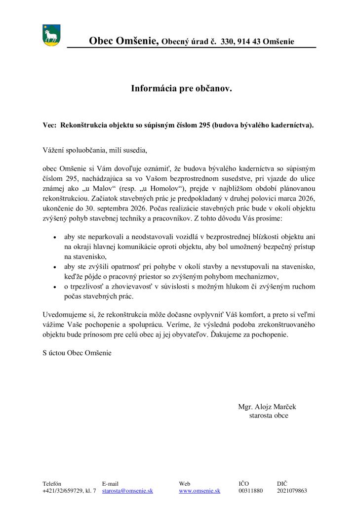 Informácia pre občanov - rekonštrukcia domu č.295