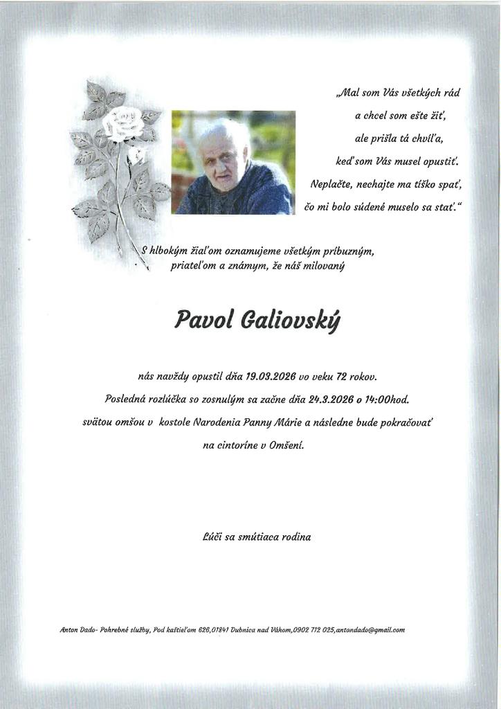 Smútočné oznámenie - Pavol Galiovský