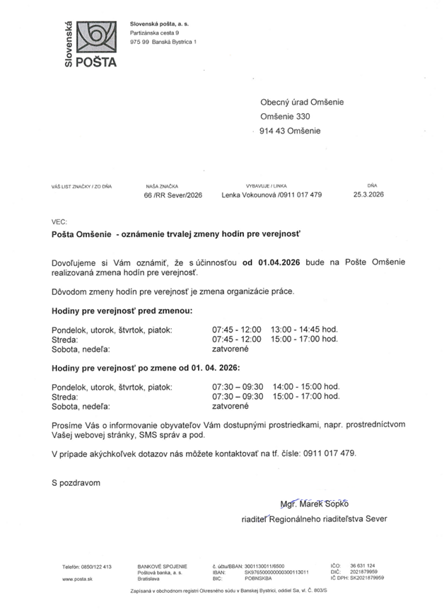 Zmena hodin pre verejnost - Posta Omsenie